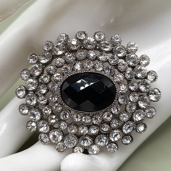 Vintage Monet Clear Black Rhinestone Oval Brooch, 1980s, 1 5/8 Inch - Picture 7 of 13